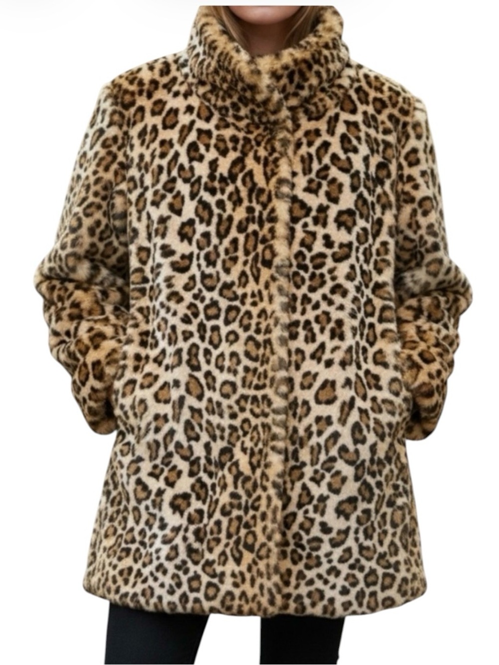 Calvin Klein Faux Fur Sherpa Plush Leopard Cheetah Print Mid Length Coat